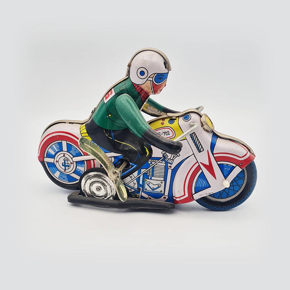 Vintage Tin Toy Motorcycle Rider China MS-702 602 Old Wind Up Friction Motor Man 2