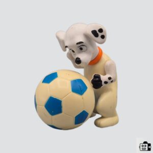 Retro Dalmatian Puppy Figurine with Blue & White Soccer Ball – Collectible Plastic Dog Toy for Kids & Enthusiasts
