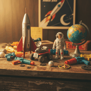 Write an article about the toys produced during the space race period - vintage collectible toy photography